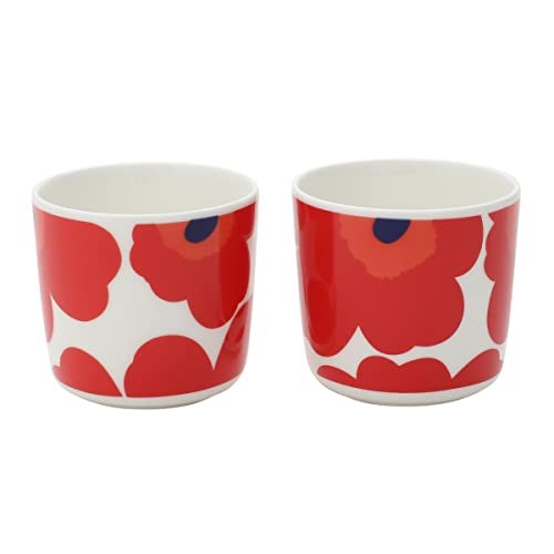 Par de tazas de café pequeñas Marimekko Unikko Latte (juego de 2) blancas rojas y negras - Imagen 1 de 5