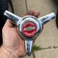 Vintage Chevrolet Hubcap Spinner Emblem Badge Silver On Red Inlay