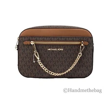 Michael Kors Jet Set Large EW Brown Signature PVC Zip Chain Crossbody Bag Purse