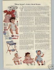 1956 PAPER AD 2 Pg Doll Tiny Tears Molded Rooted Hair Horsman Romper Baby Drink