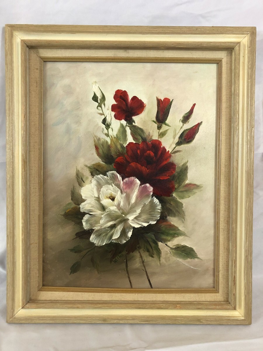 VTG Red + White Flowers Framed Art Original painting1990 14
