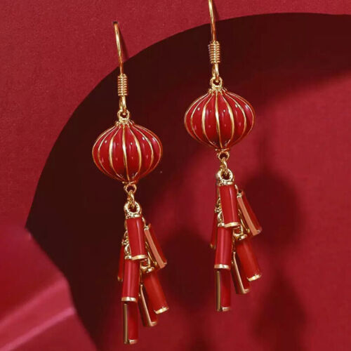 Chinese Style Personality Long Firecracker Earrings Simple New Year Red Lantern - Picture 1 of 11
