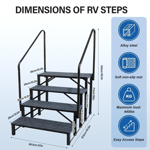 4 Steps RV Steps Outdoor Stairs w/ Handrails & Non-Slip Step Mat Brand New - Picture 2 of 10