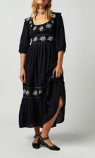 Free People Black Floral Embroidered Lovers Lane Open Back Ruffle Maxi Dress XS