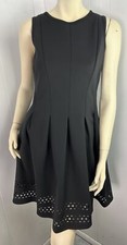 Ann Taylor Black Scuba Pleated Flare Laser Eyelet Cutout Dress Size 6