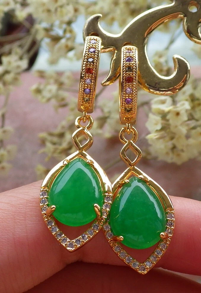 Yellow Gold Plate Green JADE Earrings Cabochon Bead Diamond