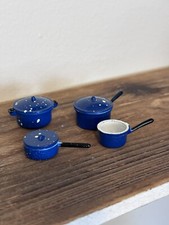 Vintage Dollhouse Miniature Blue Speckled Enamelware Pots Pans Lids