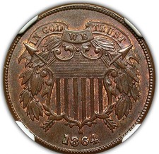1864 LARGE MOTTO TWO CENT PIECE NGC MS 63 BN BEAUTIFUL FLASHY RED EMBERS GRACE