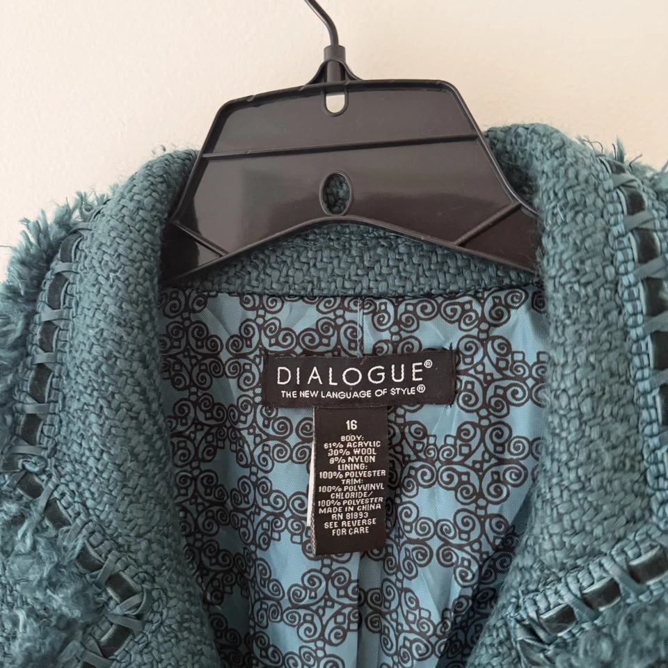 Retro Tweed Jacket Classic Designer Womens 16 Green Velvet Ribbon Wool Blend - Image 4 of 4