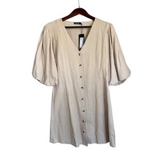 NWT Nasty Gal Beige Cotton-Linen  Puff Sleeve Button Mini Dress Size 8