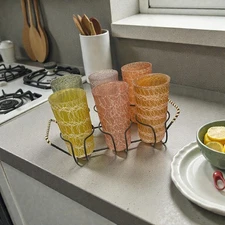 Vintage MCM  Spaghetti String Rubber Coated Drink Glasses SET OF 6 with carrier 