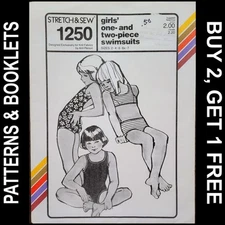 Vtg Stretch & Sew Girls' 1 & 2 Piece Swimsuits Pattern #1250 Sizes 2-4-6-6x-7 UC