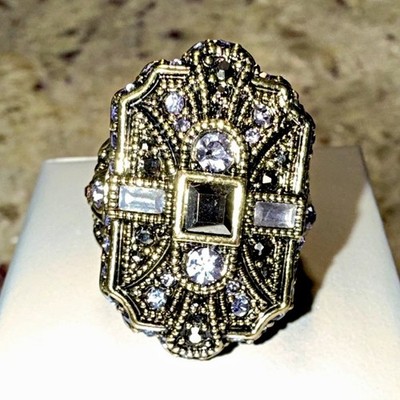 Heidi Daus Art Deco Square Purple Crystal Cocktail Ring, Signed, Silver/Gold