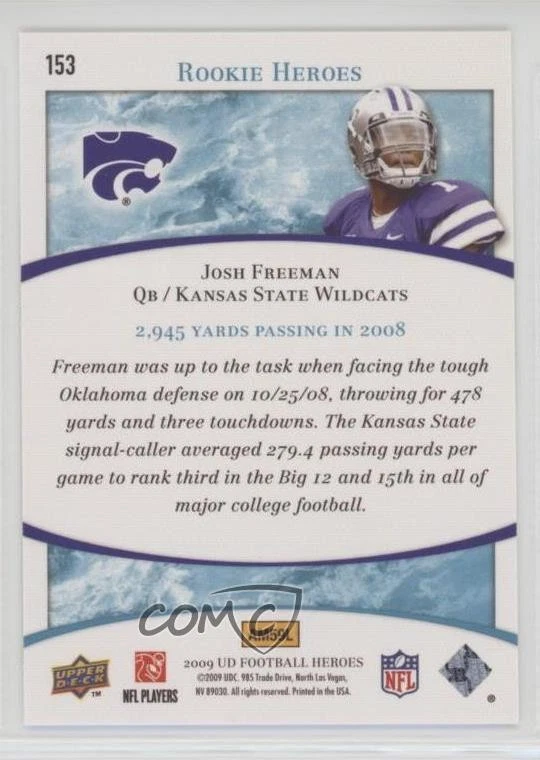 2009 Upper Deck Football Heroes Rookie Blue /99 Josh Freeman #153 Rookie RC - Image 2 of 2