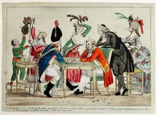 CARICATURE DE LOUIS XVI - [La partie d'échecs]. Fin 18è. Gravure coloris ancien