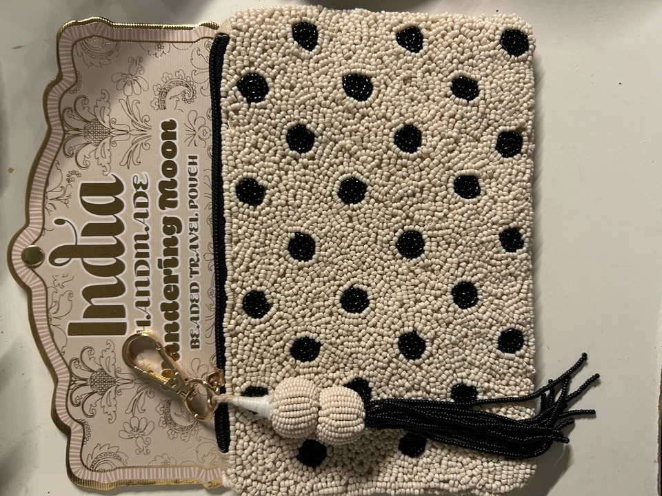 Bolsa de viaje Wandering Moon negra a lunares blanca crema vidrio con cuentas cremallera Foto 4 de 4