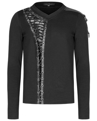 Punk Rave Herren Apocalyptic Gothic Grunge Langarm T-Shirt Oberteil Schwarz PU Schnürung