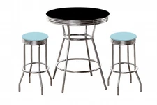 Retro Bar Table Black w 2 Bar Stools Blue Vinyl Cushion Swivel Chairs Set Chrome