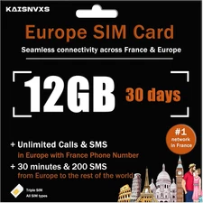 Prepaid SIM Card for Europe Travel with 12GB of 4G Data, Unlimited Calls and SMS