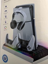 PS5 Cooling Stand with Dual Controller Charger, Auto Cooling Fan, RGB Light, and