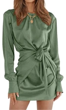 Pretty Garden Women's Green Front Tie Cuffed Long Sleeve Crew Neck Dress Size L