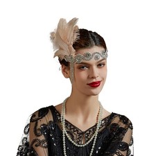 Flapper Headband for Women Vintage 1920s Pearls Feather Lace Headpiece for Ro...