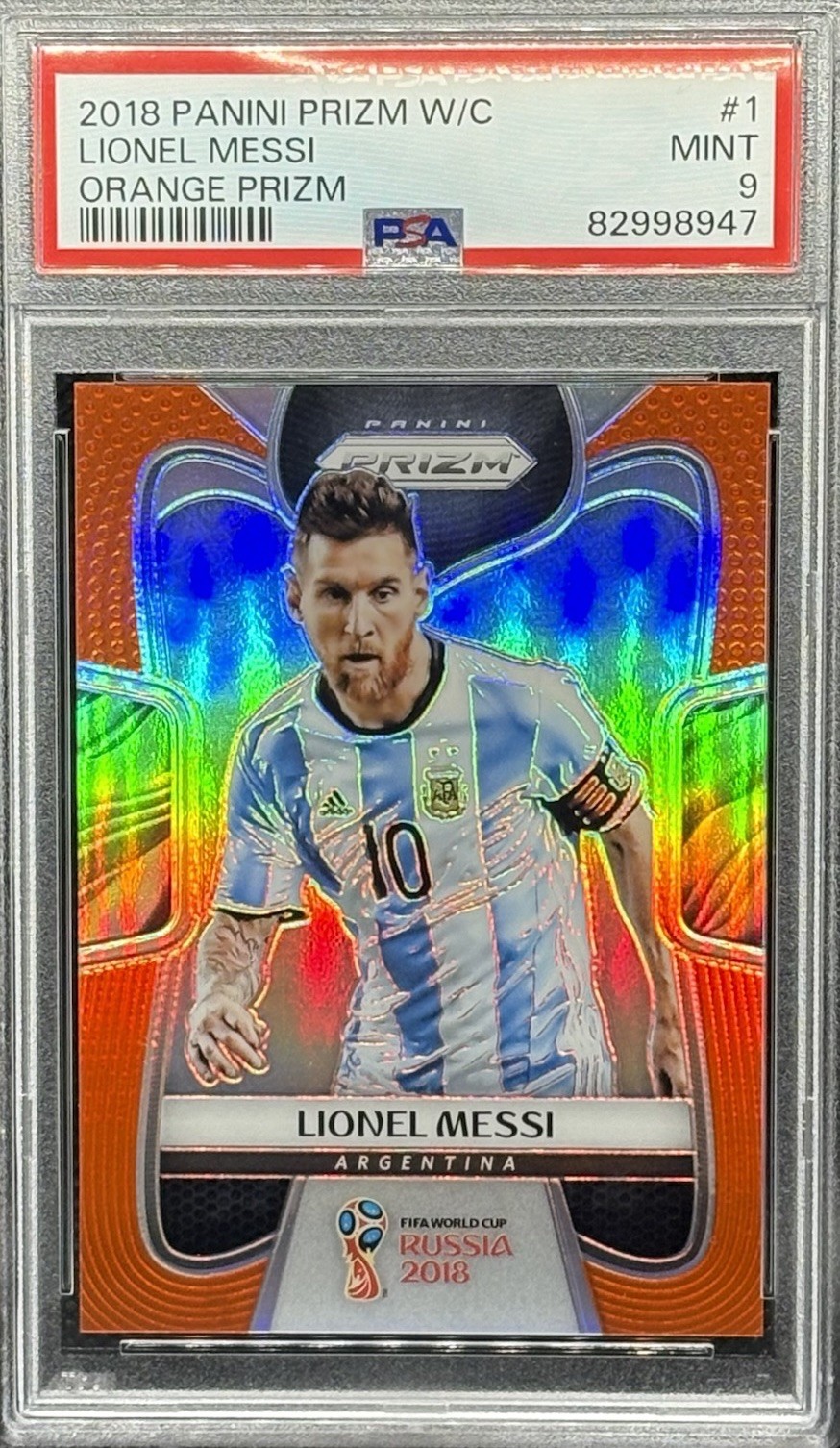 2018 Panini Prizm World Cup Orange Prizm #/65 Lionel Messi #1 PSA 9 EYE APPEAL