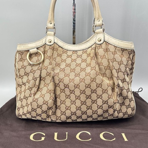 GUCCI GG Tote Hand Bag Magnetic Leather Canvas Beige White Gold Hardware Japan