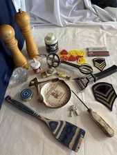 Junk Drawer lot misc, Vintage Patches, S&P Shakers, Kitchen Tools , Glass, #3