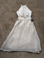 Express Silver Shimmer Halter Pleated Maxi Dress Size Small NWT Metallic