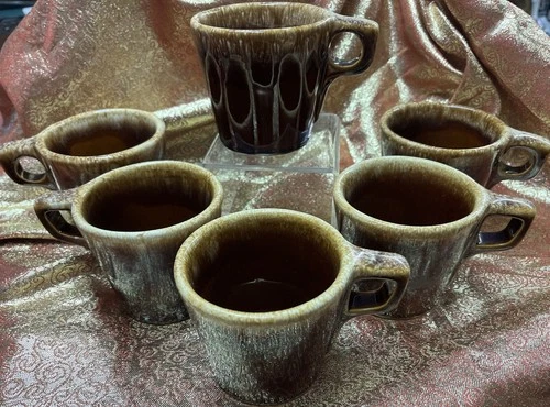 Vintage Brown Drip HULL Pottery Coffee Mugs, Stoneware, Oven Proof, 6 Ea.