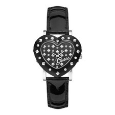 NEW GUESS SILVER BLACK TONE,BLACK PATENT LEATHER BAND STUDED HEART WATCH-W0115L1