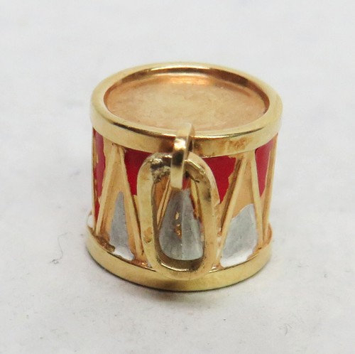 VINTAGE 14K GOLD RED & WHITE ENAMEL DRUM CHARM - Picture 4 of 6
