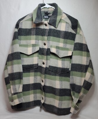 ZARA Jacket Women's Size Small Plaid Shacket Green Gray