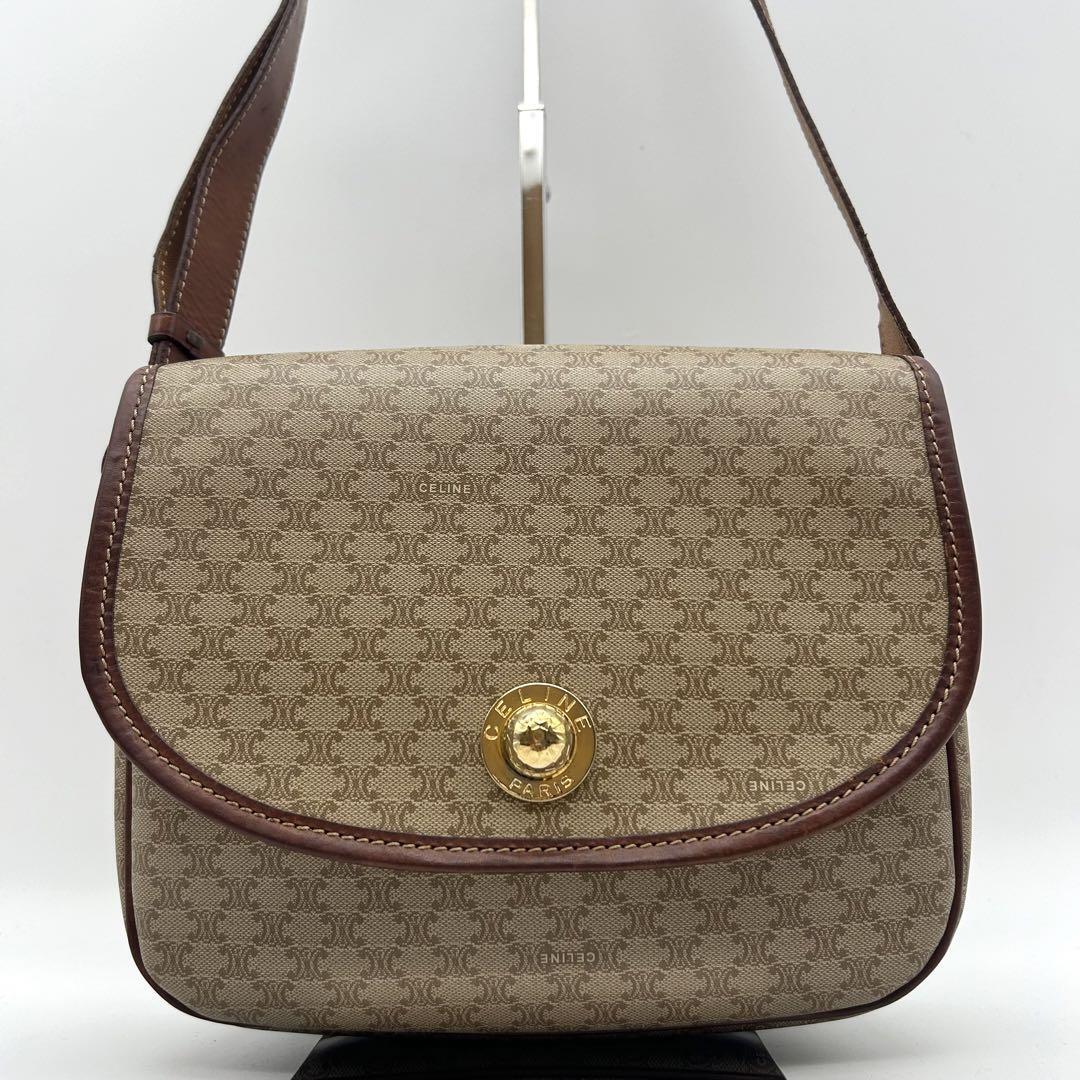 CELINE Vintage Macadam Pattern Star Ball Shoulder Bag PVC Leather Brown x Beige