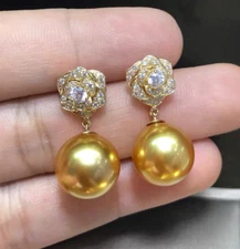 Nice AAA+ 12mm gold South Sea Round Shell Pearl Earrings 14k gold stud earrings