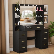 Makeup Vanity Set LED Lighted Mirror Dressing Table Dresser Desk w/ 7 Drawers