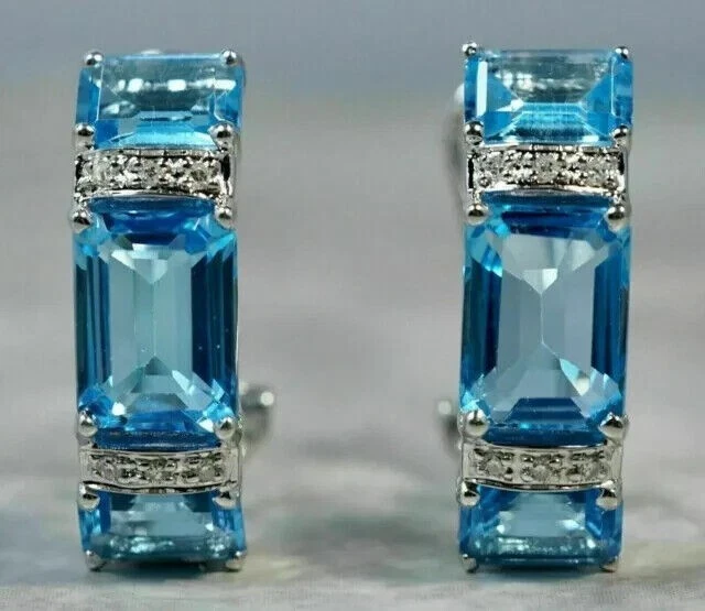 2.20Ct Emerald Simulated Blue Topaz Pretty Hoop Earrings 14K White Gold Plated - Image 4 of 4