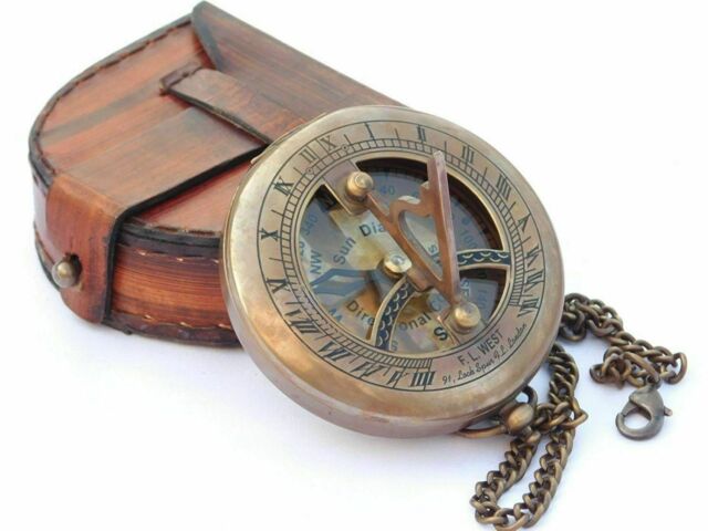 Antique Brass Sundial Compass W/ Leather Case & Chain Push Open Compass Gift