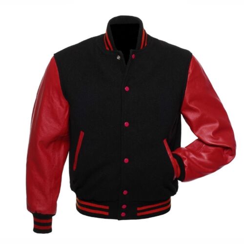 Black Red Varsity Letterman College Bomber Jackets Wool & Real Leather Sleeves - Afbeelding 1 van 4