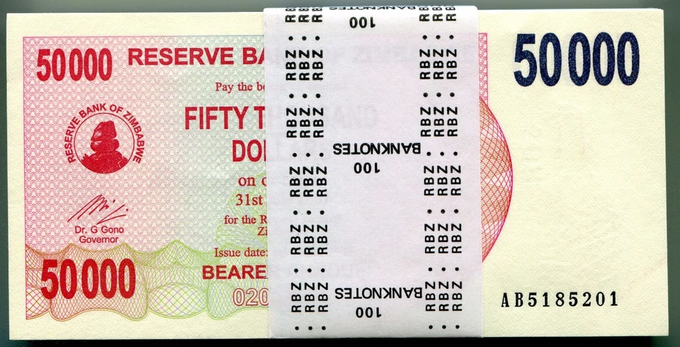 Zimbabwe 50000 Dollars 2007 Original 10 Uncirculated Banknote 1/10 Bundle P47 AB - Image 2 of 3