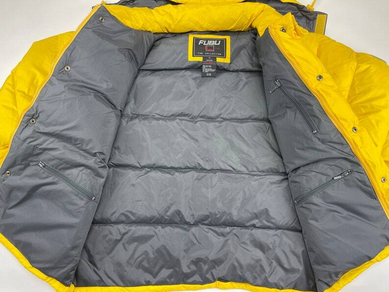 FUBU puffer jacket deadstock yellow nylon vintage duck down