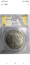 HOT 50 1923 Peace dollar ANACS AU55 Cleaned *VAM 1E die break  Broken wing* Rare