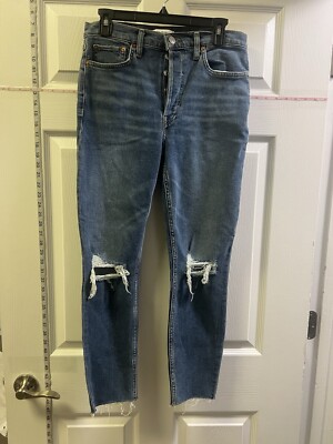 RE/DONE JEANS Women s 28 HIGH RISE ANKLE CROP Button Fly Blue SKINNY RAW HEM NWT