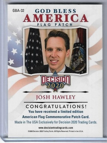 RARE 2022 DECISION VAULT ~ 2020 JOSH HAWLEY GOD BLESS RAINBOW FLAG CARD #GBA-32 - Picture 2 of 2
