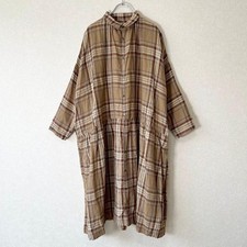 ICHI Antiquites Linen Tartan Check Shirt Dress Brown Beige Free Auth