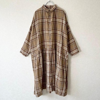 ICHI Antiquites Linen Tartan Check Shirt Dress Brown Beige Free Auth