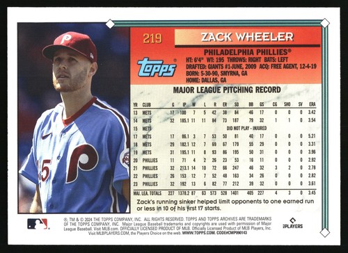 2024 Topps Archives #219 Zack Wheeler - Picture 2 of 2