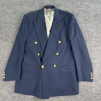 Vintage Halston Blazer 44L Navy Wool Double Breasted Gold Crest Logo USA