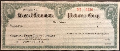 1920's Check Kessel-Bauman Pictures Corp. Central Union Trust New York, N. Y.
